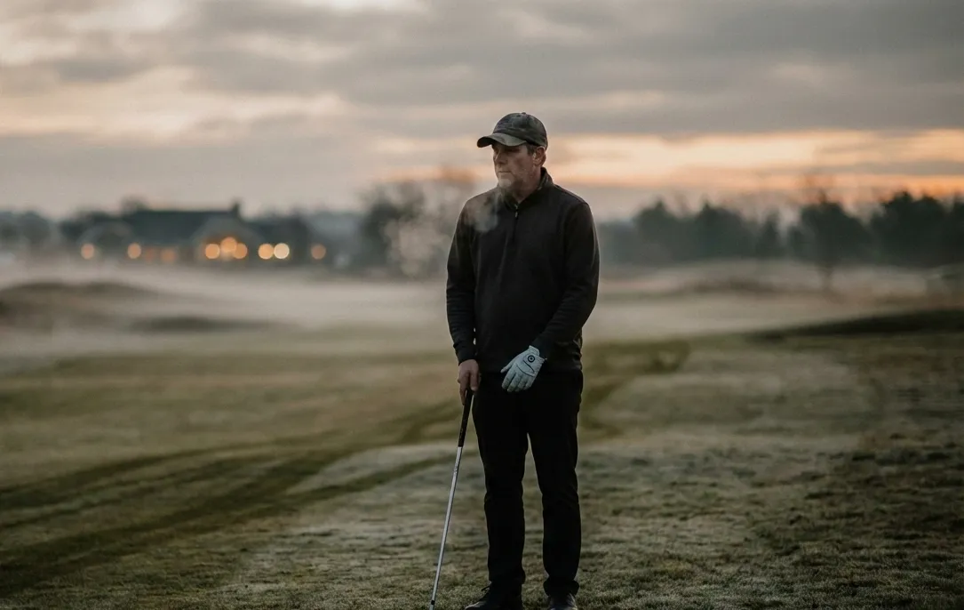 Your Authentic Self. A man stands alone on a winter golf fairway at dusk, pausing before the next shot.