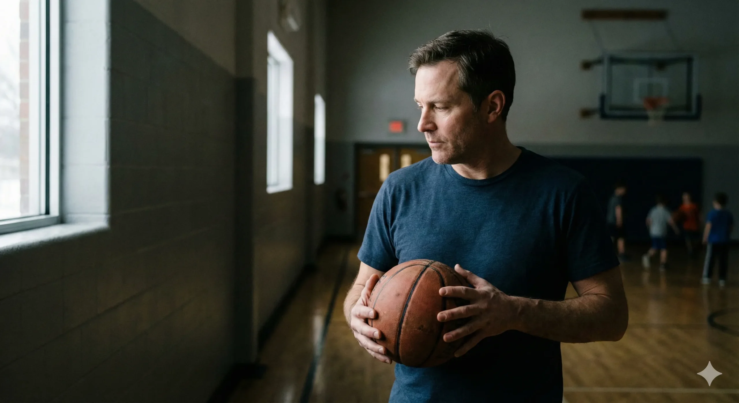 Father steadying himself as family life fills in every direction.