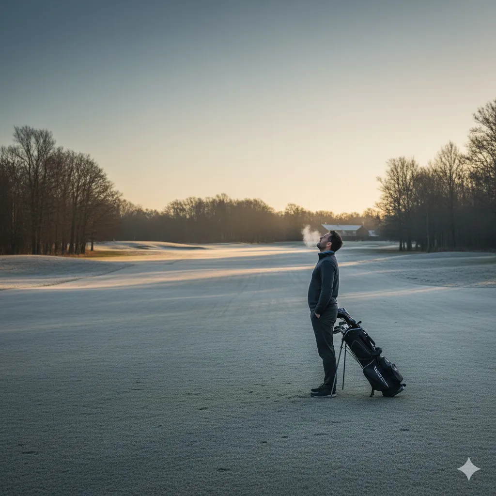 Man setting golf bag down at dusk, silent pressure during holidays easing.
