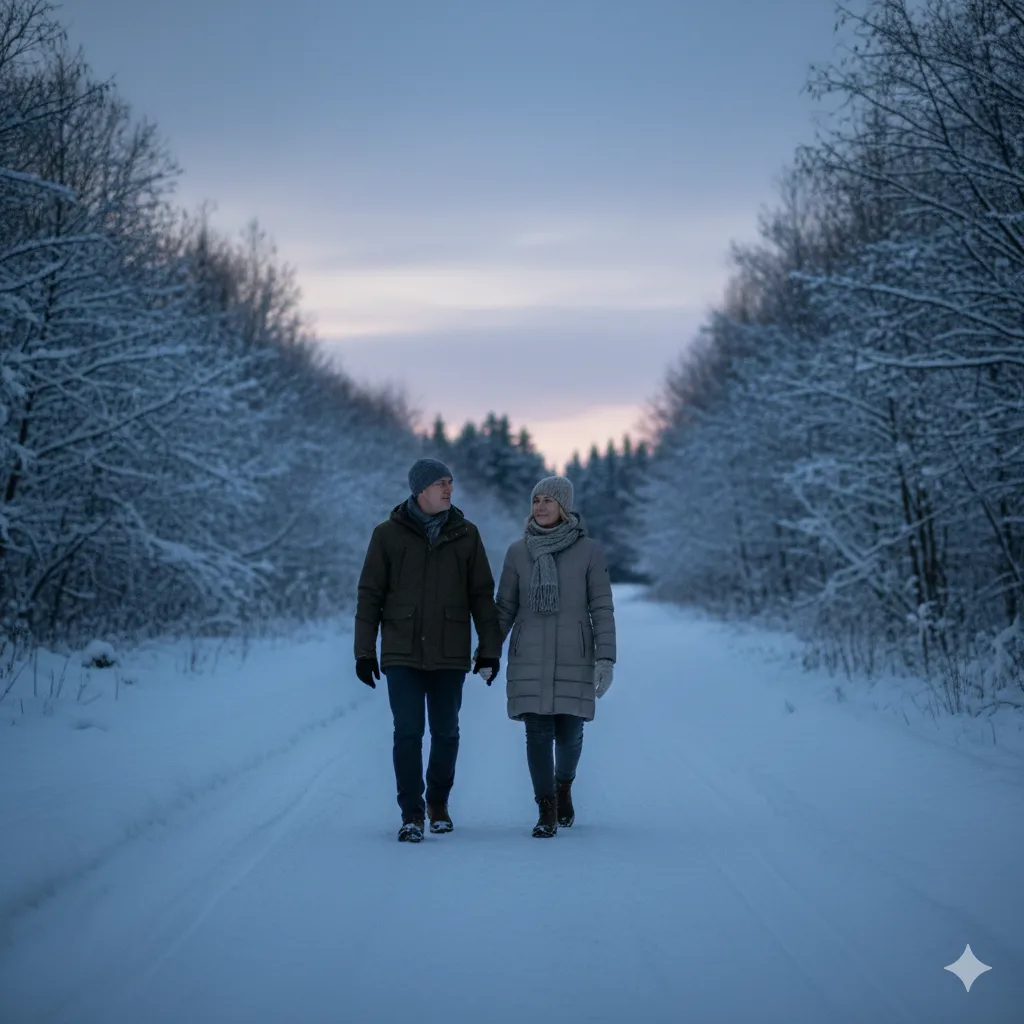 Couple walking at dusk in winter, steady presence.