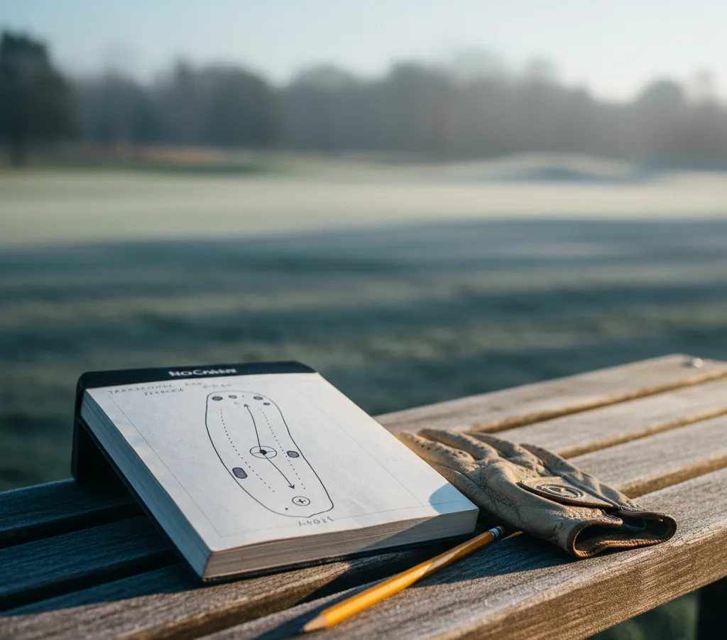 Open yardage book and pencil in winter light, representing a clear next shot.