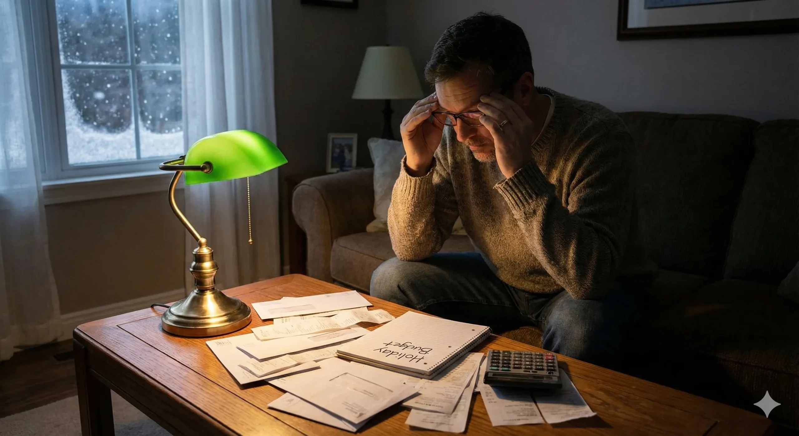 Man facing silent pressure during holidays while reviewing expenses.