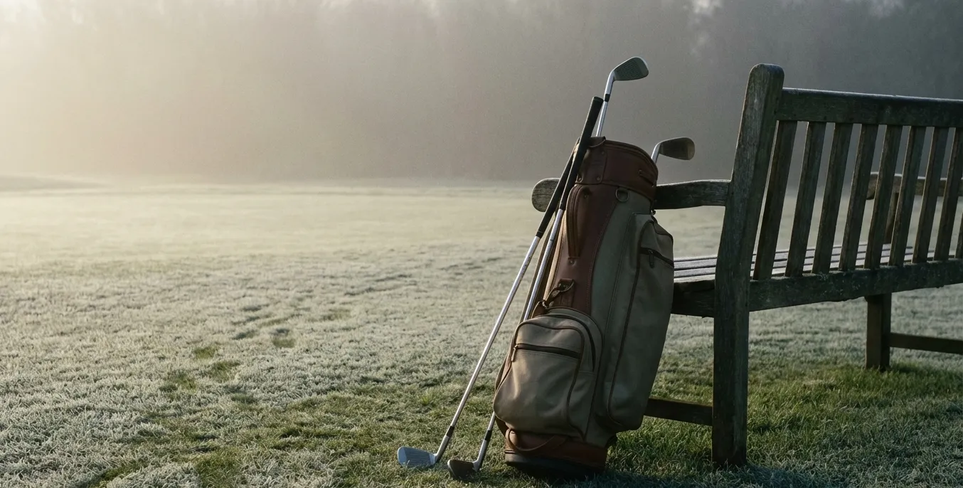 Golf clubs resting near a frosty practice green, one in shadow and one in light.