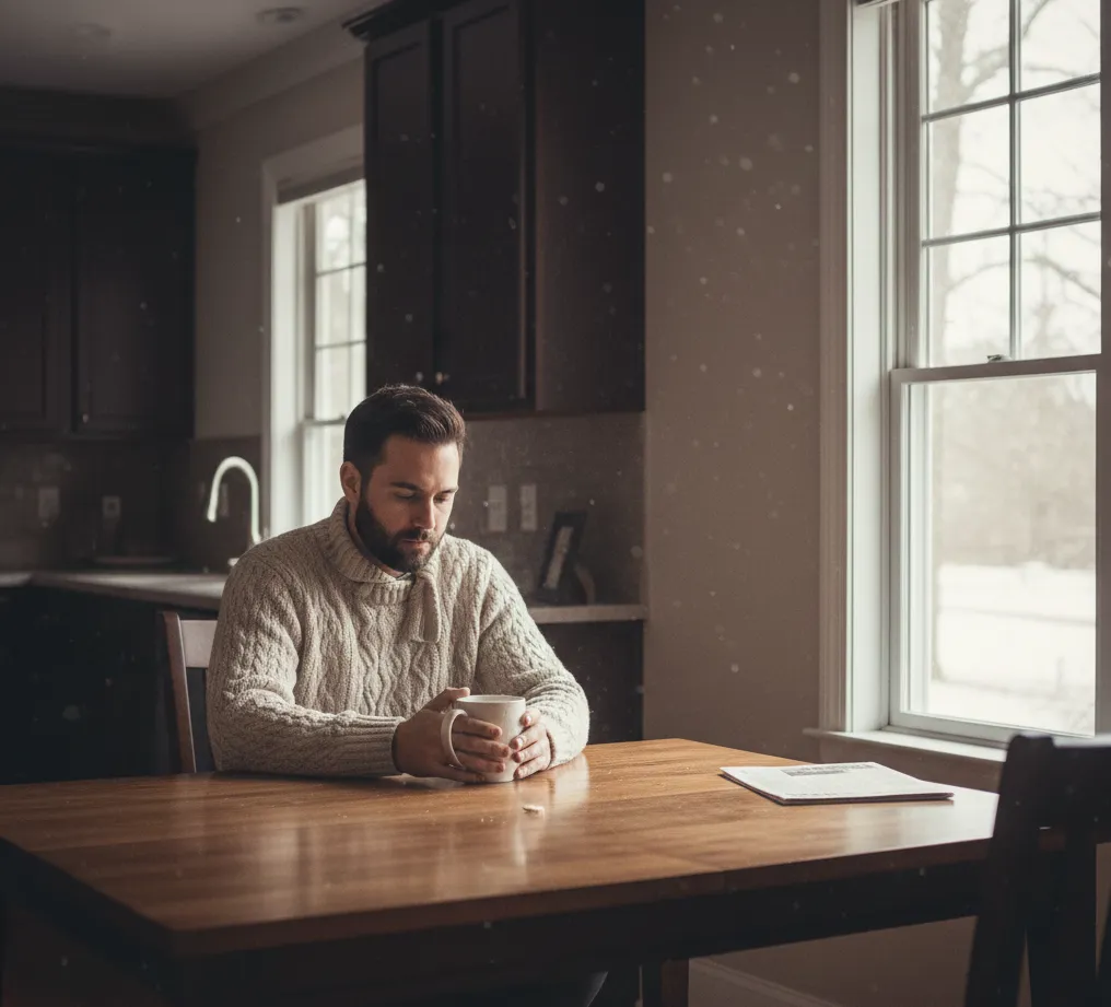 The man you are becoming pauses at a kitchen table to breathe and regain clarity before the day begins.