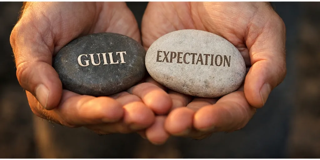 Hands holding stones labeled guilt and expectation that represent emotional weight carried into the end of 2025.