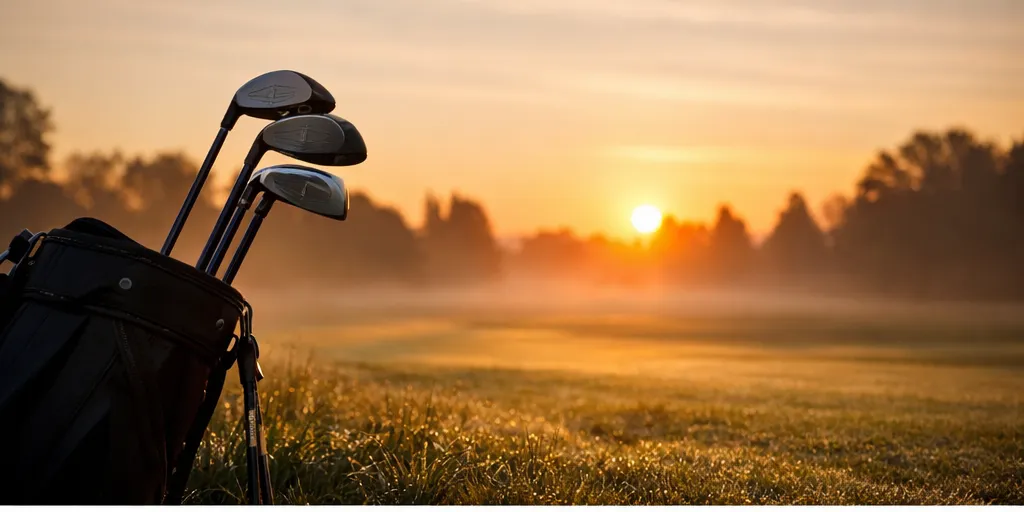 Golf clubs leaning on a bag at sunrise symbolizing readiness at the end of 2025.