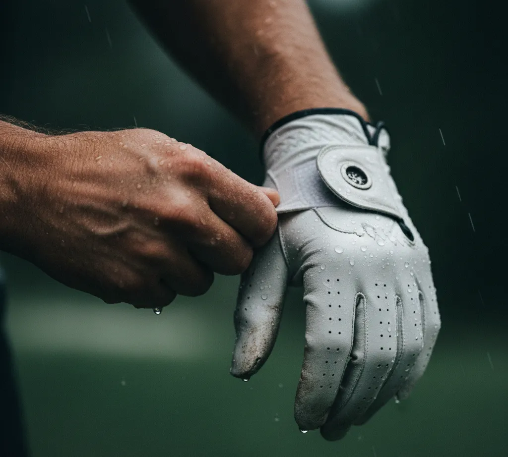 Close-up of a worn golf glove being tightened in harsh light, symbolizing Recovery as pattern interruption.