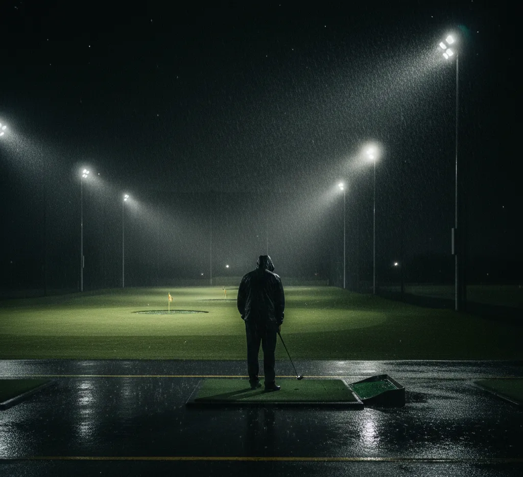 A lone figure on a driving range at night under floodlights in rain, representing Recovery as disruption.