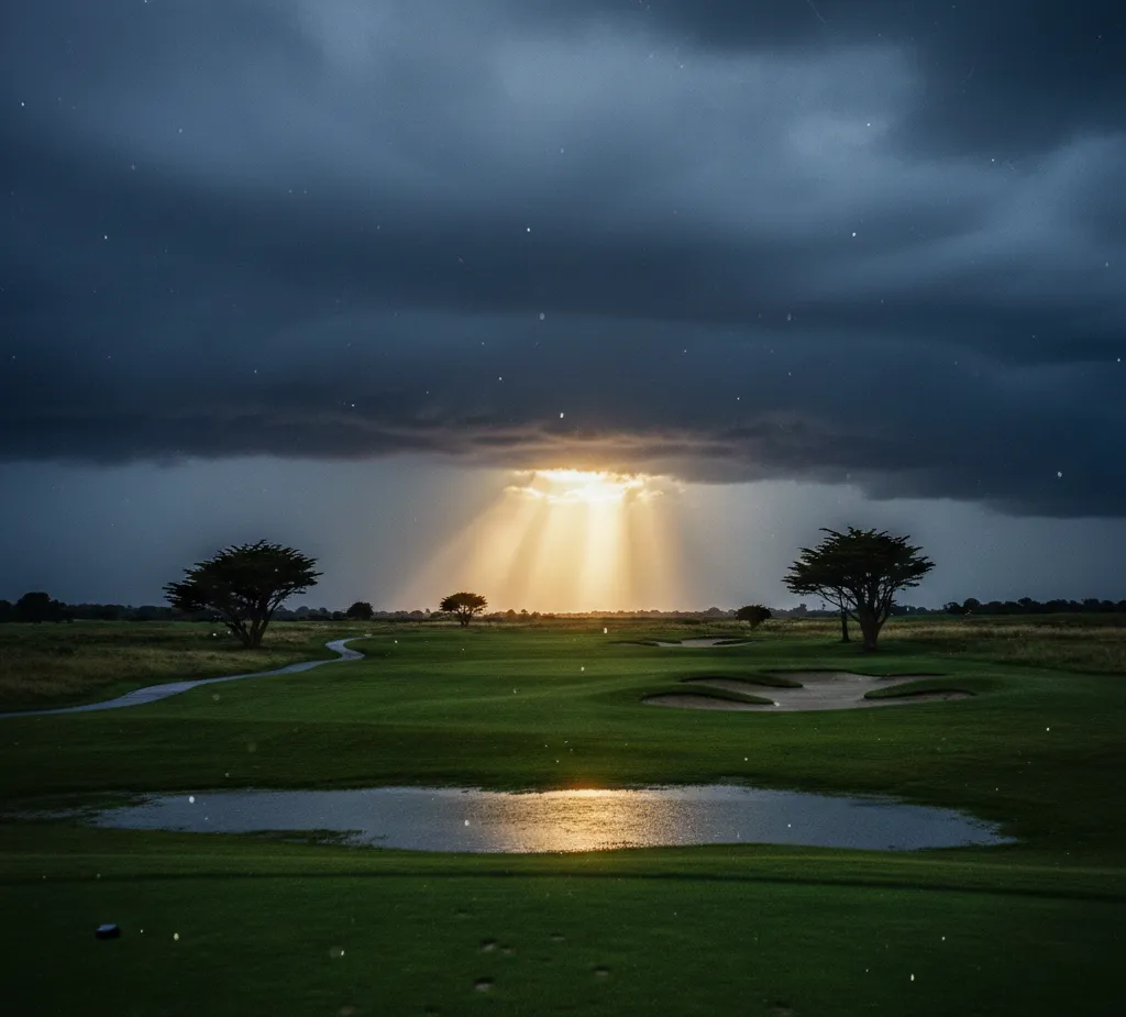 Recovery as a storm breaking over a deserted golf course at dawn, light splitting dark clouds.