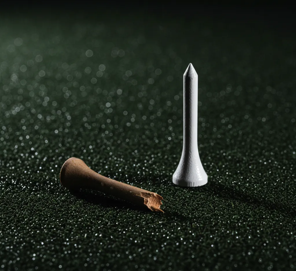 A broken golf tee beside a clean new tee on dark green grass, symbolizing Recovery as repeated redesign.