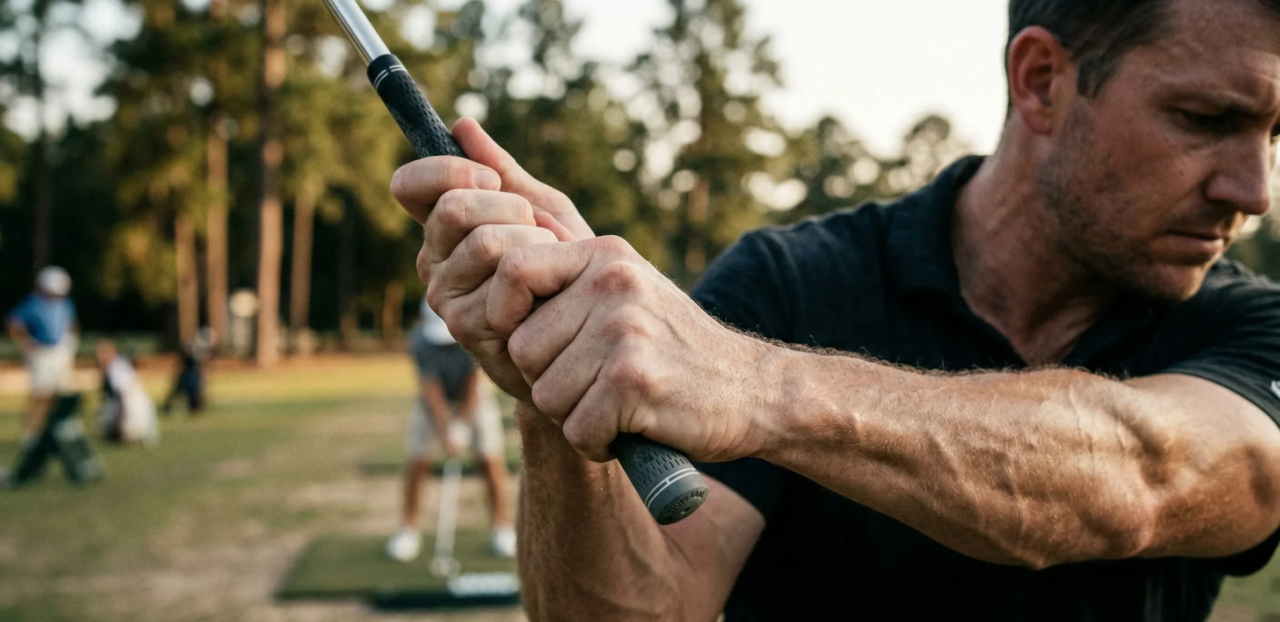 The visible physical tension and nervous system response of an overloaded player gripping a golf club too tightly.
