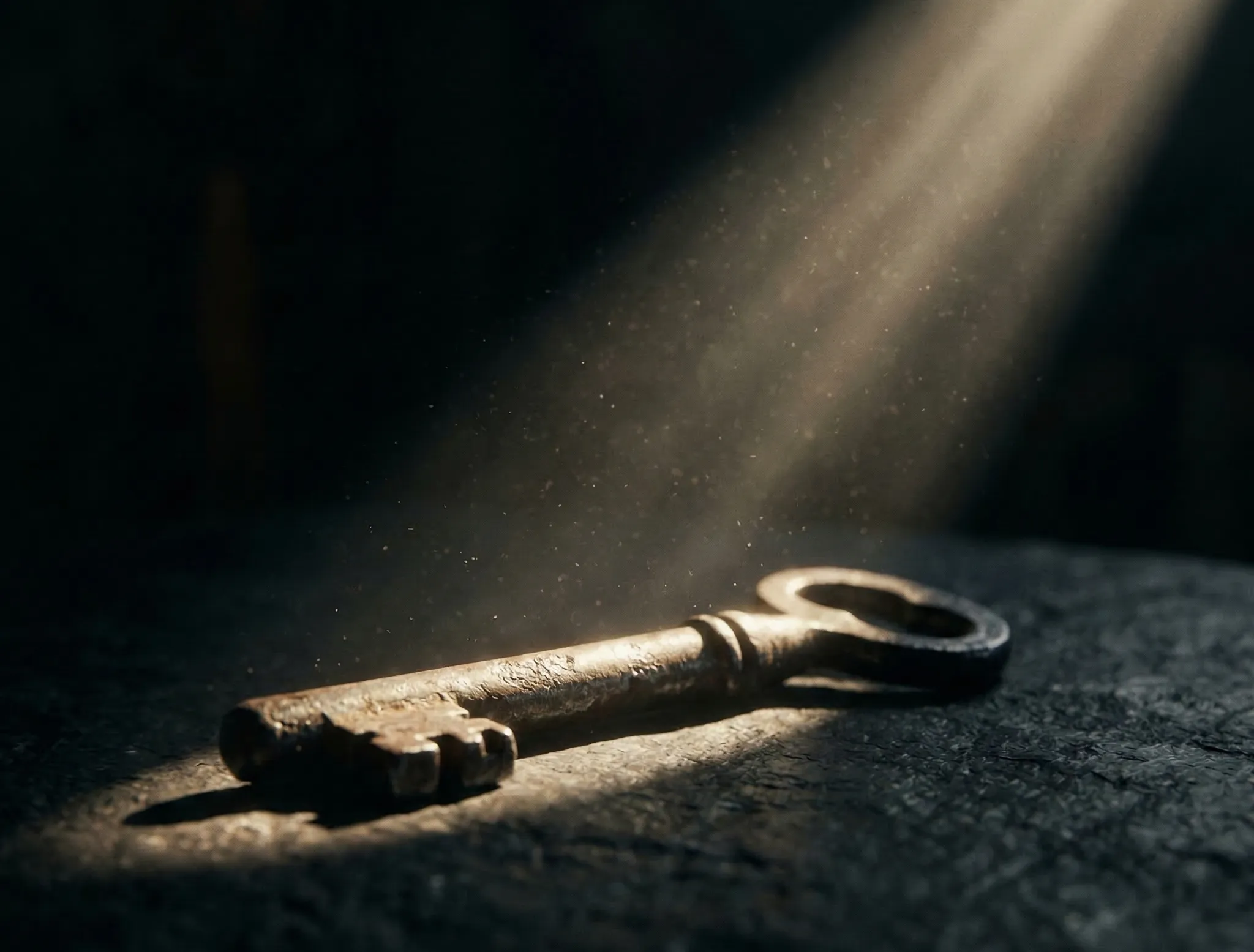 A heavy iron key in a spotlight of sun symbolizing the power of a final decision.