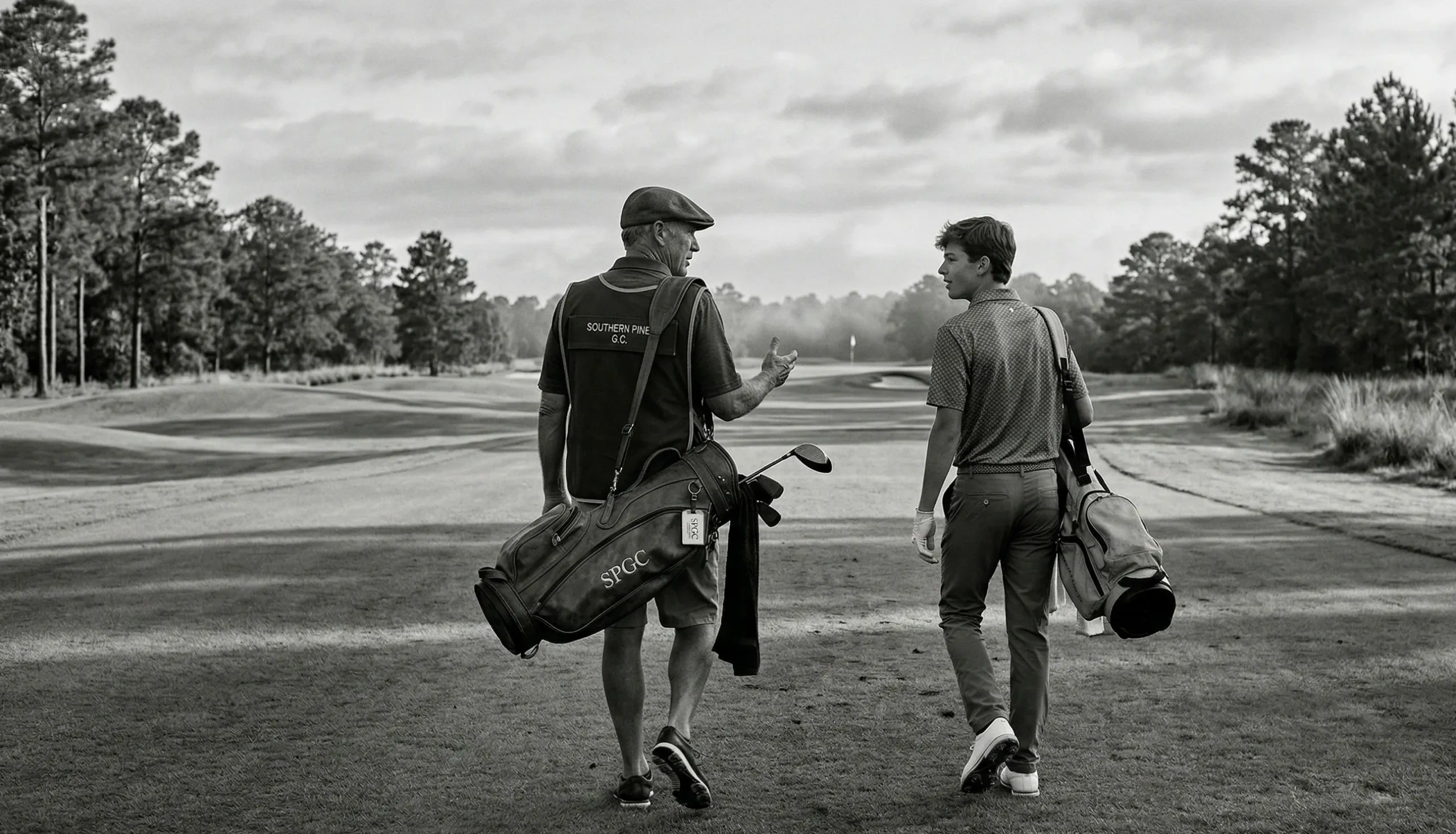 A caddie walking down the fairway with an overloaded player using the course as a mirror to diagnose performance pressure.