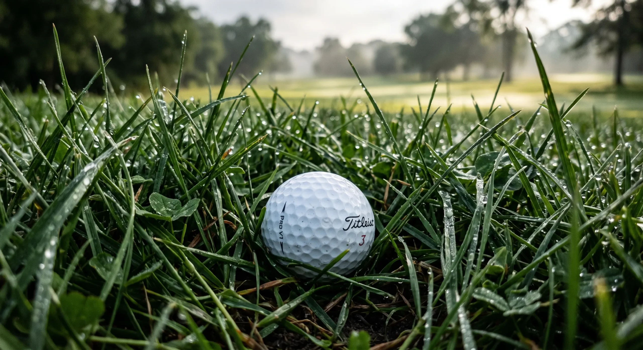 A golf ball sitting deep in thick wet rough, demonstrating the Golf Ball Wisdom lesson of playing life as it lies